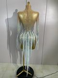 Sexy Mesh See Through Sparkly Rhinestone Tassel Long Sleeves Mini Dress 2026 Women Latin Dance Nightclub Party Club Stage Wear