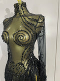 Women Evening Birthday Party Nightclub Dance Singer Stage Outfit Sexy Sparkly Rhinestone Sequins Tassel Mesh Transparent Dress