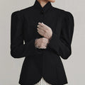 French Elegant Retro Black Blazer for Women Stand Collar Puff Sleeve Slimming Commuter Coats Female Winter Clothing