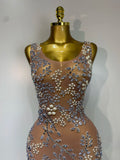 Women Lxury Diamonds Mesh See Through Long Dress Celebrity Elegant Evening Party Fancy Club Dress Singer Performance Costume