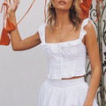 Solid Two Piece Set Dor Women Square Neck Sleeveless Top High Waist Loose Skirts Sets Female Fashion
