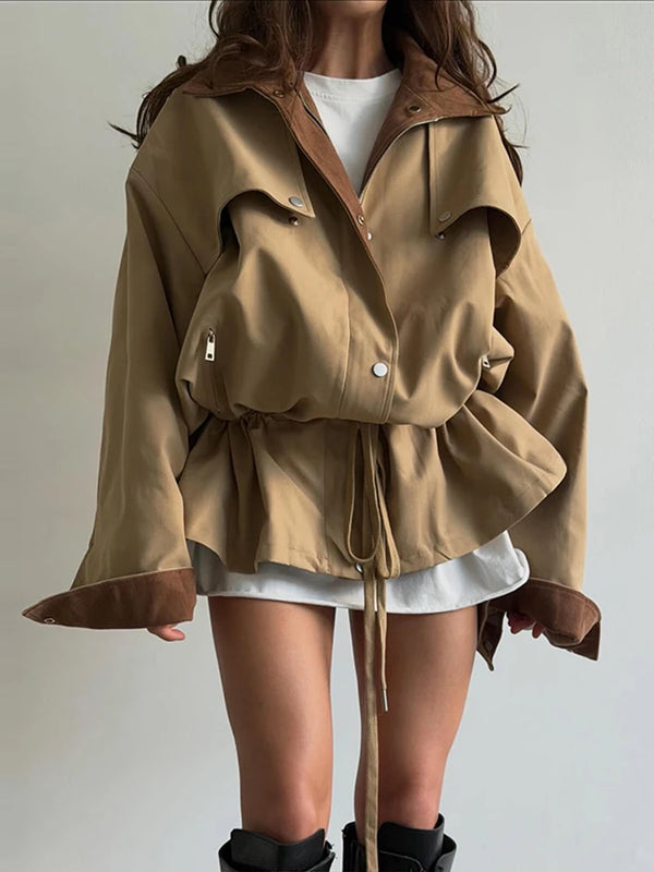 Retro Drew-string Jackets Women's Loose Full Sleeves Buttons Zipper Pockets Lapel Coats 2026 New Ladies Autumn Solid Outwear