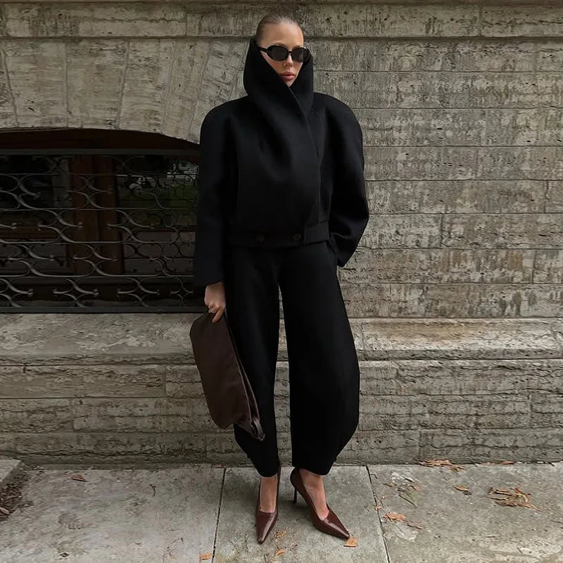 Women Big High Neck Black Jackets Fashion Solid Long Sleeve Breasted Loose Coats Female Autumn Winter Chic Casual Street Outwear