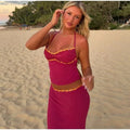 Halter Floral Beach 2 Pieces Sets Women's Backless Crop Top Long Skirt Matching Set Suit Summer Holiday Vacation Party Outfit