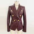 New 2026 Designer PU leather Jacket Women's Slim Fitting Double Breasted Lion Buttons Denim Blazer