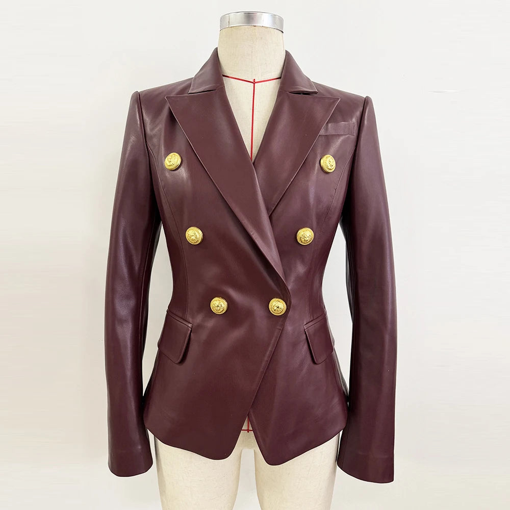New 2026 Designer PU leather Jacket Women's Slim Fitting Double Breasted Lion Buttons Denim Blazer