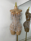 Luxury Pearls Sparkly Rhinestones Women Sexy Off Shoulder Mesh See Through Mini Bodycon Birthday Dress Party Performance Costume
