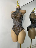 Women Sexy Sparkly Rhinestone Halter Mesh See Through Bodysuit Nightclub Performance Dance Costume Singer Stage Wear