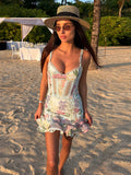 Feminine Floral Print Lace Trim Cami Mini Dress Sweetheart Neckline Ruffle Hem 2026 Summer Holiday Women Casual Sweet Vestido