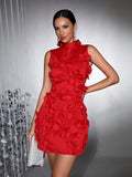 Spliced Appliques Elegant Dresses For Women Stand Collar Sleeveless High Waist Patchwork Zipper Mini Dress Female