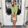 Bow Tie Neck Women Floral Print Set Long Puff Sleeve Cuff Trim Loose Blouse Vibrant Ethnic Midi Skirt Straight Hem Street Daily