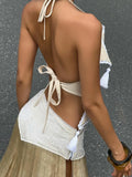 Sexy Tassel 2 Piece Set Women Irregular Halter Backless Bandages Tank Top+Patchwork Skirt New Trend Party Streetwear