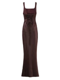 Sexy Satin Evening Long Dresses for Women Square Collar Sleeveless High Waist Folds Slimming Bodycon Dress Female