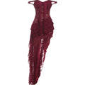 Irregular Tierred Dress Women Mesh Patchwork Slash Neck Lace-Up Backless Midnight Banquet Party Elegant Long Bodycon