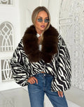 Zebra Print  Fur Collar Puffer Jacket Womens Button Down Trendy Warm Coat Fall Winter Party Club Streetwear Cozy Daily Outerwear