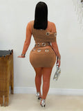 Metal Ring Hollow 2-Piece Set Women Irregular Skew Collar Crop Top+Peach Hip Skirt Matching Sexy Clubwear  Outfits