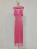 Solid Spliced Tassel Dresses Suit for Women O Neck Sleeveless High Waist Long Dress with Sling Two Piece Set Female