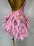 Luxury Rhinestones Pearls Halter Backless Short Feathers Dress Women Sexy Celebrate Birthday Dress Performance Dance Costume