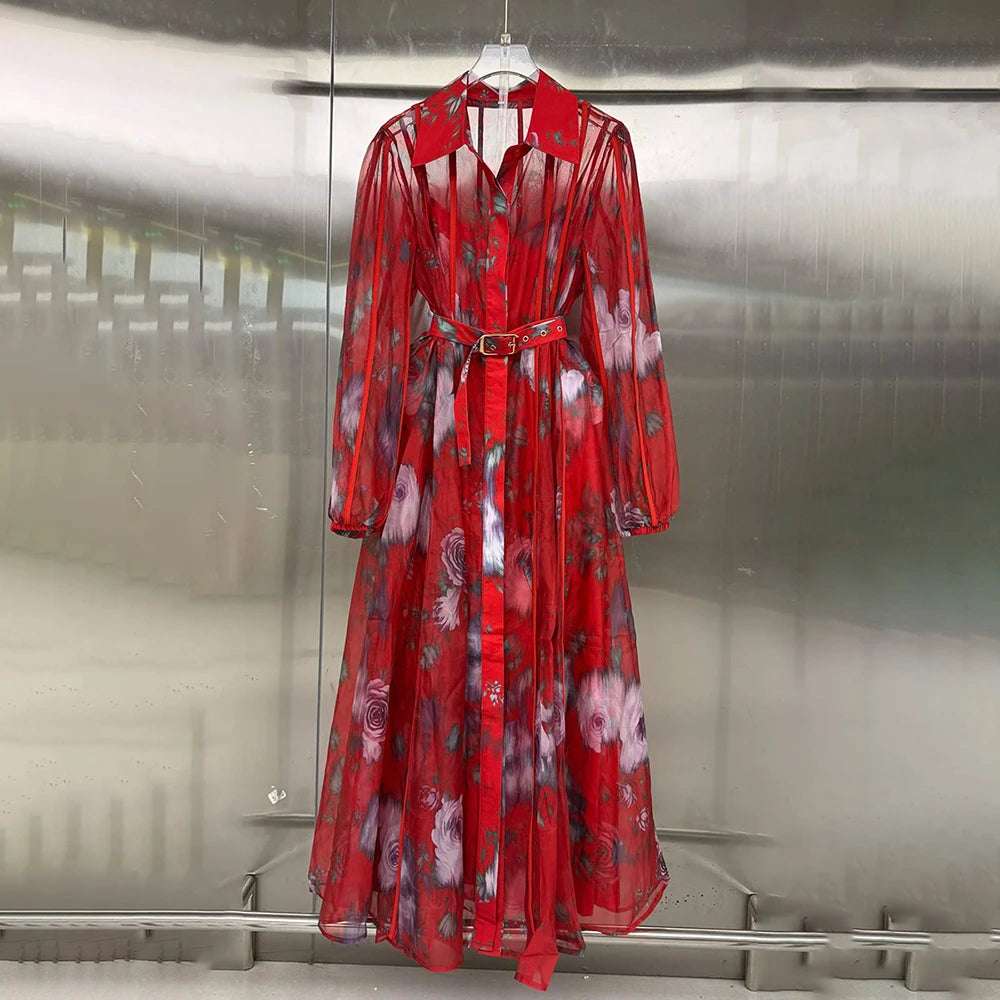 Floral Print Shirt Maxi Dress for Women Point Collar Long Lantern Sleeve Button Front Detachable Buckle Belt Sheer Chiffon