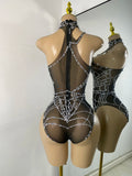 Women Sexy Sparkly Rhinestone Halter Mesh See Through Bodysuit Nightclub Performance Dance Costume Singer Stage Wear