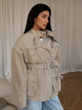 Women Oatmeal Soft Suede Stand Collar Snap Button Pocket Jackets Long Sleeve Coats Autumn Daily Office Party Chic Outerwear 2026