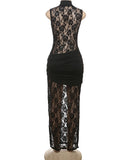 Sexy Solid Dress Women 2025 Summer Sleeveless Lace High Stretch Midnight club Asymmetrical Graphics Metal Knot Slit