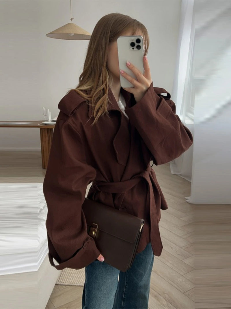 Office Lady Spliced Lace Up Slim Coat for Women Lapel Long Sleeve Solid Temperament Fashion Short Jacket Female New