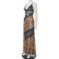Mesh Patchwork Mermaid Dress Women Leopard Print Sexy Low-Neck Cleavage Backless Ruched Midnight Fashion Long Bodycon