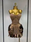 Women Sexy Strapless Sparkly Rhinestone Sequins Mesh See Through Mini Dress Eveing Party Birthday Nightclub Singer Stage Costume