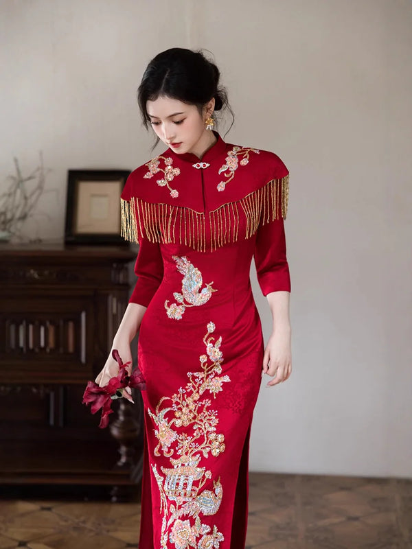 New Qipao 2025 Winter Edition Chinese Style Elegant Temperament Long Knitted Jacquard Slimming Dress with Shawl Qipao