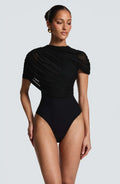 Ladies Bodycon Mesh Ruched Romper Asymmetric Draped Shoulder Mock Neck Short Jumpsuit Slim Fit Wrap Hem Cocktail And Clubwear