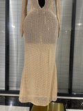 Summer Vacation Women Long Sleeve Sexy Deep V-Neck Hollow Out Bodycon Long Dress Beach Style Celebrate Birthday Party Outfit