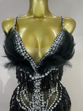 2026 New Sexy Nightclub Bar DJ Performance Dancer Stage Costume Sparkly Rhinestones Feathers Tassels Mesh See Through Bodysuits