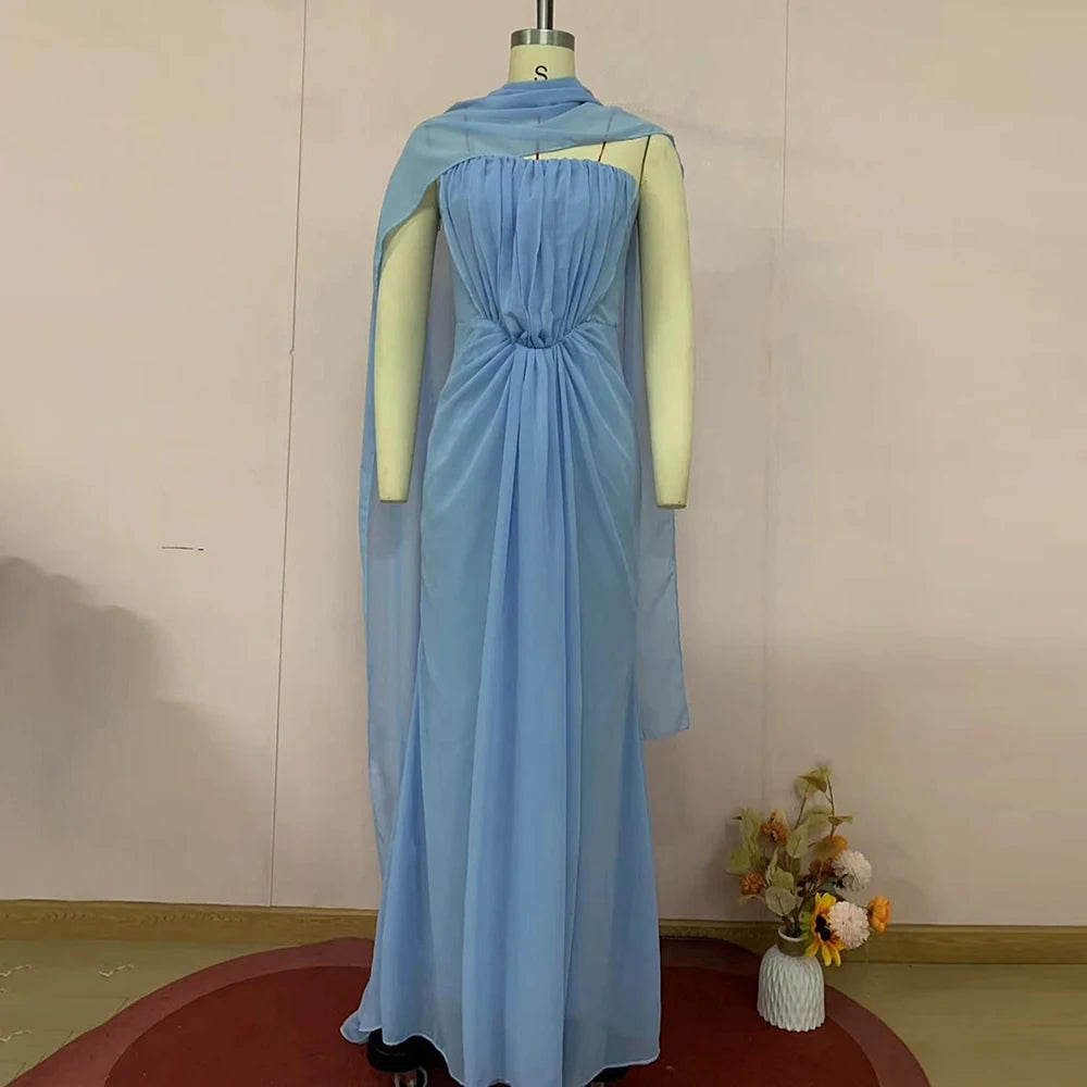 Light Blue Ruched Bodycon Mermaid Maxi Dress for Women for Cape Sleeve Design Draped Skirt for Red Carpet Award Ceremonies