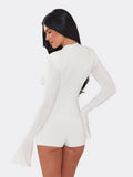 Weird Puss Hollow Playsuit Women Puff Sleeve o-Neck Skinny Solid High Elasticity Simple Classic Sexy Midnight Fashion Romper