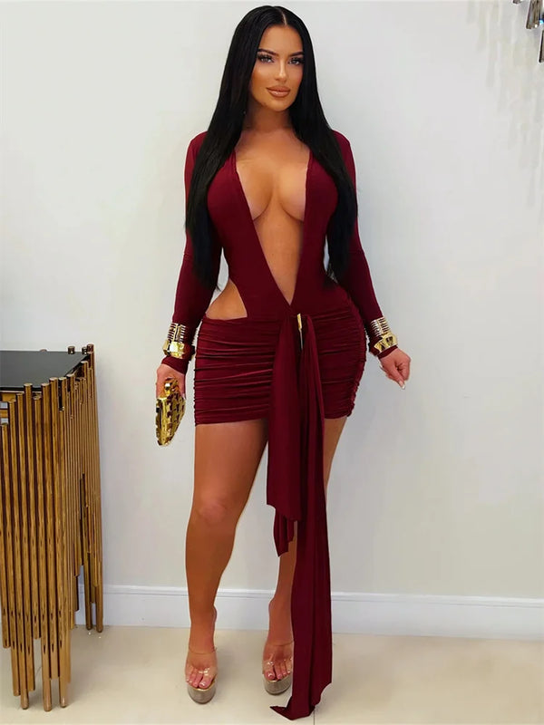 Sexy Ribbon Dress Women Deep V-Neck Waistless Ruched Peach Hip Hottie Street Stretch Skinny Clubwear Dating Bodycon