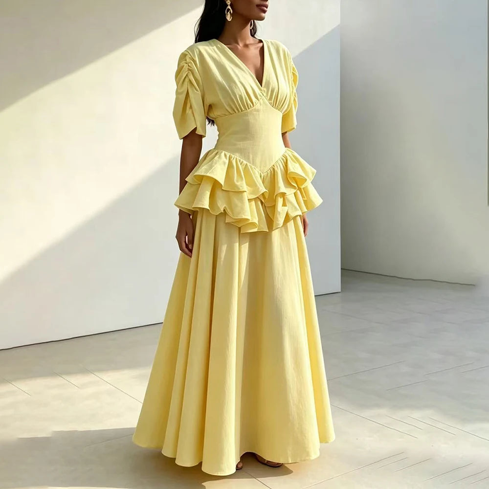 V Neck Puff Short Sleeve Maxi for Dress Women Ruched Fitted Waist Tiered Double Ruffle Hem for Summer Daily Party Occasion