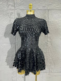 Lady Fish scales shell sequins Scale Sequin Bodysuit HighNeck Short Sleeve Ruffle Skirt Costume For Women Nightclub Stage Wear