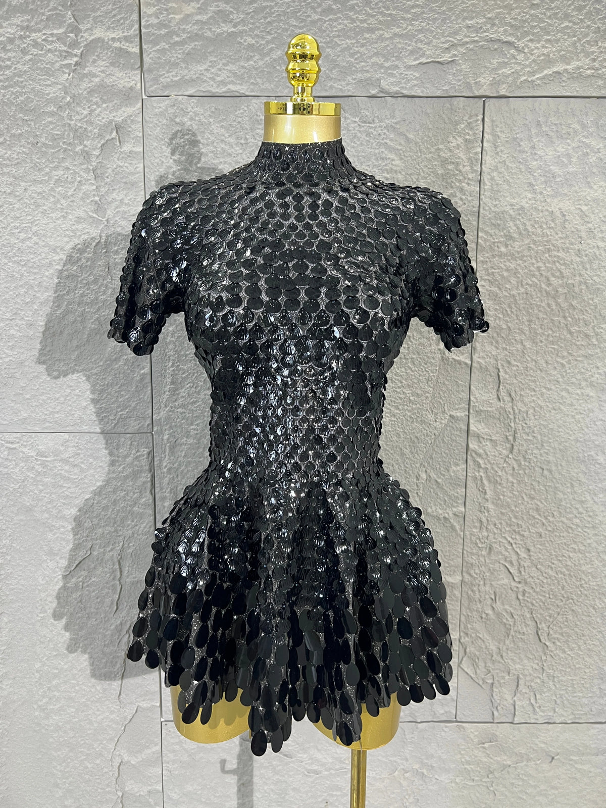 Lady Fish scales shell sequins Scale Sequin Bodysuit HighNeck Short Sleeve Ruffle Skirt Costume For Women Nightclub Stage Wear