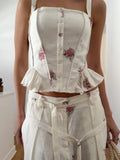 White Floral Print Two Piece Set Spaghetti Strap Ruffle Corset Top Strap Wide Leg Pants 2026 Summer Street Casual Women Outfit