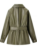 Simpel Basics Patchwork Belt Leather Jacekt for Women Lapel Long Sleeve Spliced Zippers Casual Office Coats Female