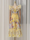 Luxurious Party Folds Design Draped Dress for Women V Neck Flying Sleeve Tunic Floral Printing Vintage Midi Dresses Female