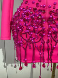 Sparkly Crystal Chains Pearls Long Sleeve Mini Dress 2025 Women Birthday Evening Party Nightclub Outfit Singer Wedding Costume