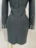Women Celebrate Eveing Party Club Luxury Birthday Dress Elegant Black V Neck Pearls Beaded Long Sleeves Bodycon Bandage Dress