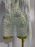 Women Mesh See Through Mini Dress Sexy One Shoulder Sparkly Rhinestone Tassel Latin Dance Nightclub Bar Party Club Stage Wear