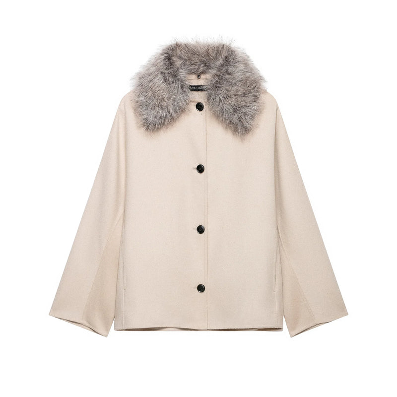 Solid Color Fur Collar Short Jacket Fashion Simple Single Breasted Loose Women's Coat Vintage Autumn Street Daily Outwear 2026