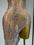 Sparkly Crystal Diamond Gold Sexy See-Through Sheath Dress Nightclub Performance Custome Stage Wear Birthday Evening Party Dress