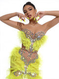 Sexy Sparkly Diamonds Strapless Mesh Ruffled See Through Mini Dress Women Eveing Party Birthday Nightclub Bar Stage Show Costume