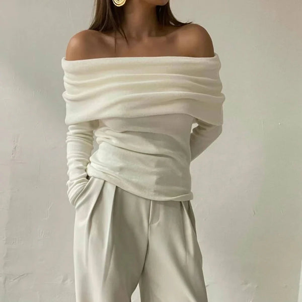 Solid Casual Pullover Sweaters For Women Slash Neck Long Sleeve Slimming Temperament Sweater Female Fashion Style