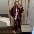 Women 2‑Piece Outfit Glossy Waxed Faux Leather Zip‑Up Jacket And High Waist Split Midi Skirt Set Fall Streetwear Matching Suit